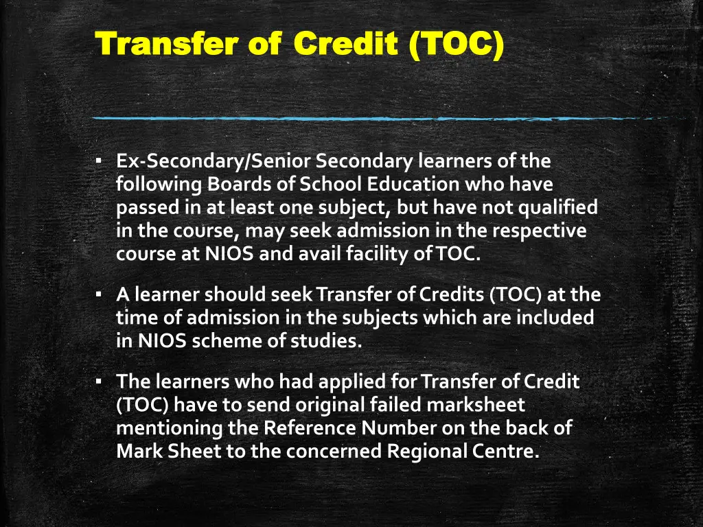 transfer of credit toc transfer of credit toc