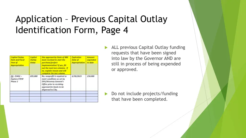 application previous capital outlay