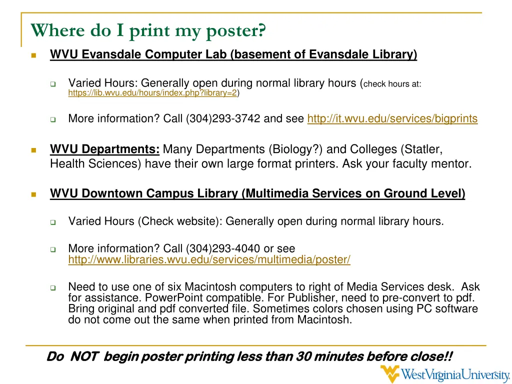 where do i print my poster wvu evansdale computer