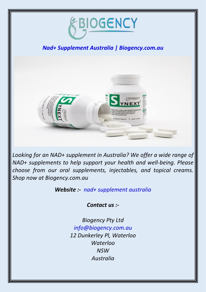 nad supplement australia biogency com au