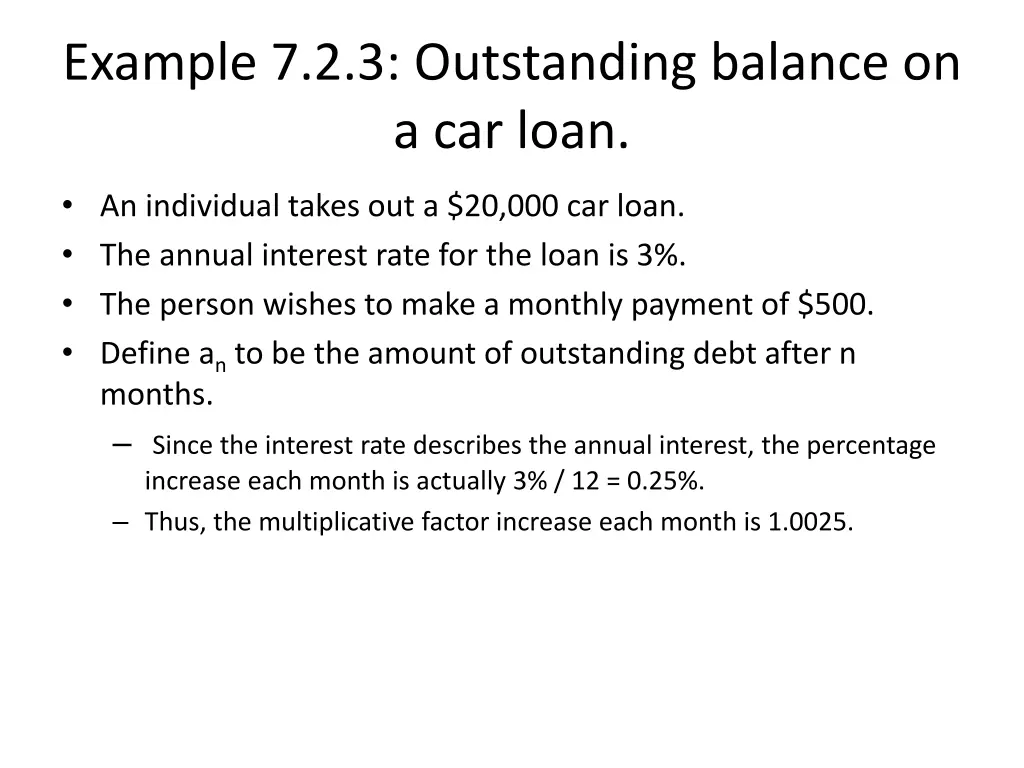 example 7 2 3 outstanding balance on a car loan