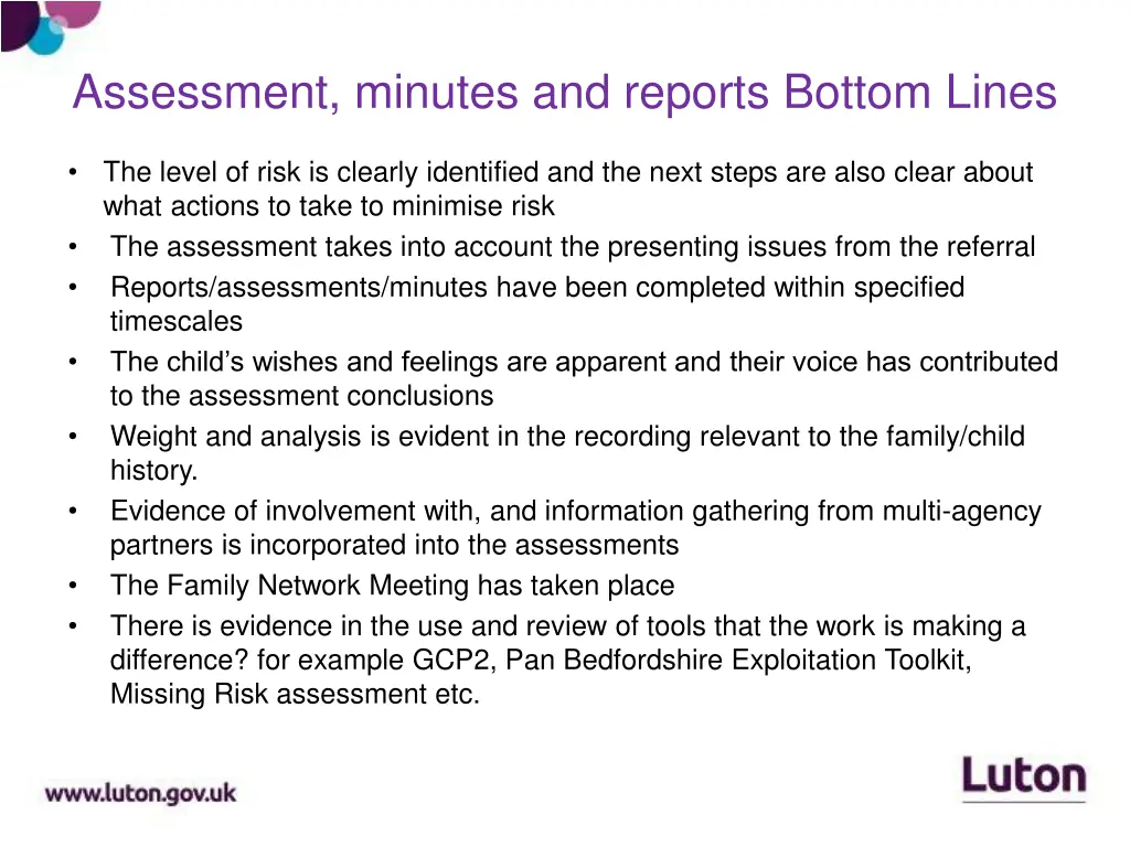 assessment minutes and reports bottom lines