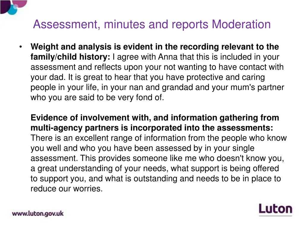 assessment minutes and reports moderation