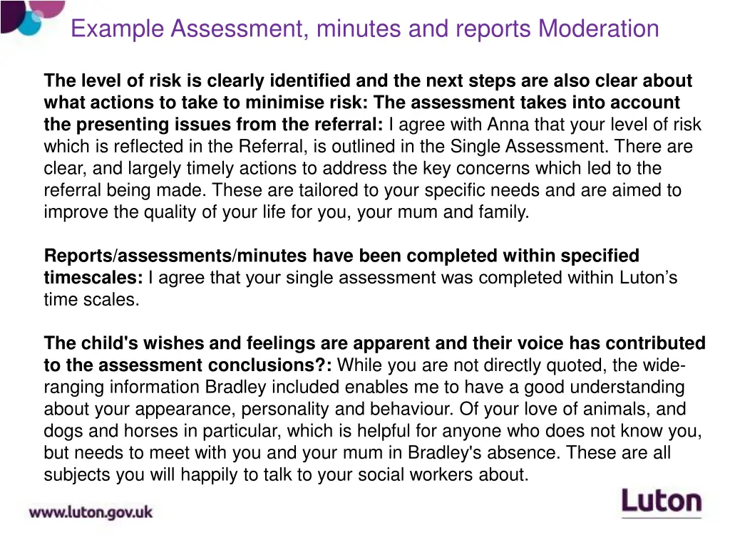 example assessment minutes and reports moderation