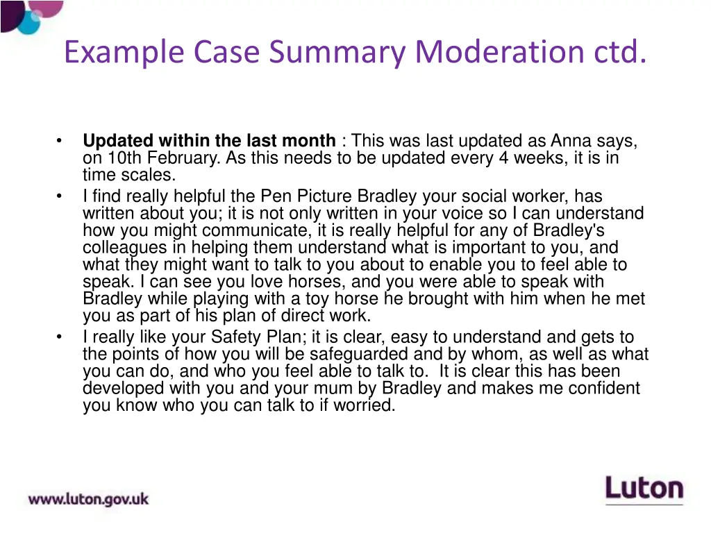 example case summary moderation ctd