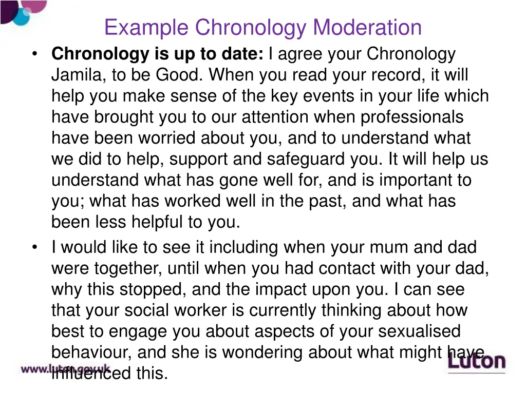 example chronology moderation chronology