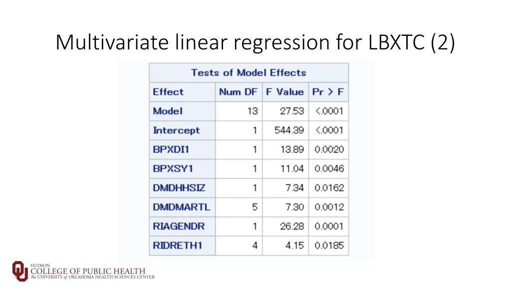 multivariate linear regression for lbxtc 2