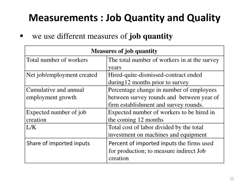 measurements job quantity and quality