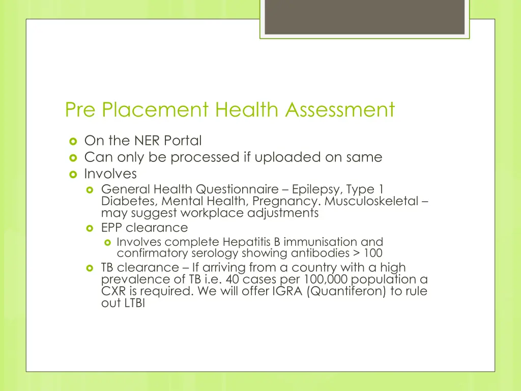 pre placement health assessment