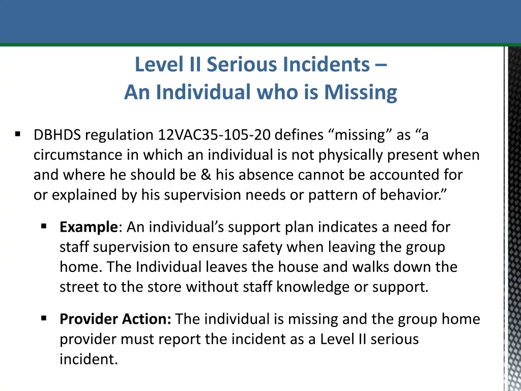 level ii serious incidents an individual