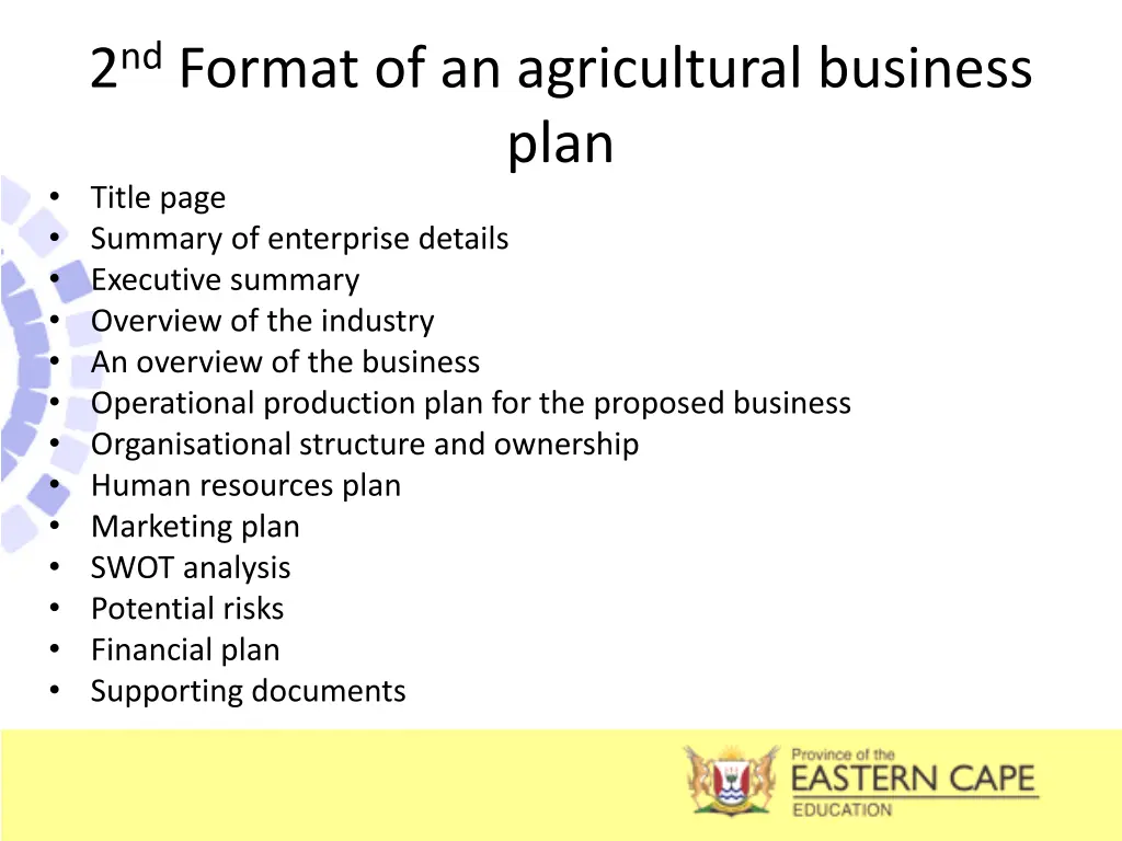 2 nd format of an agricultural business plan