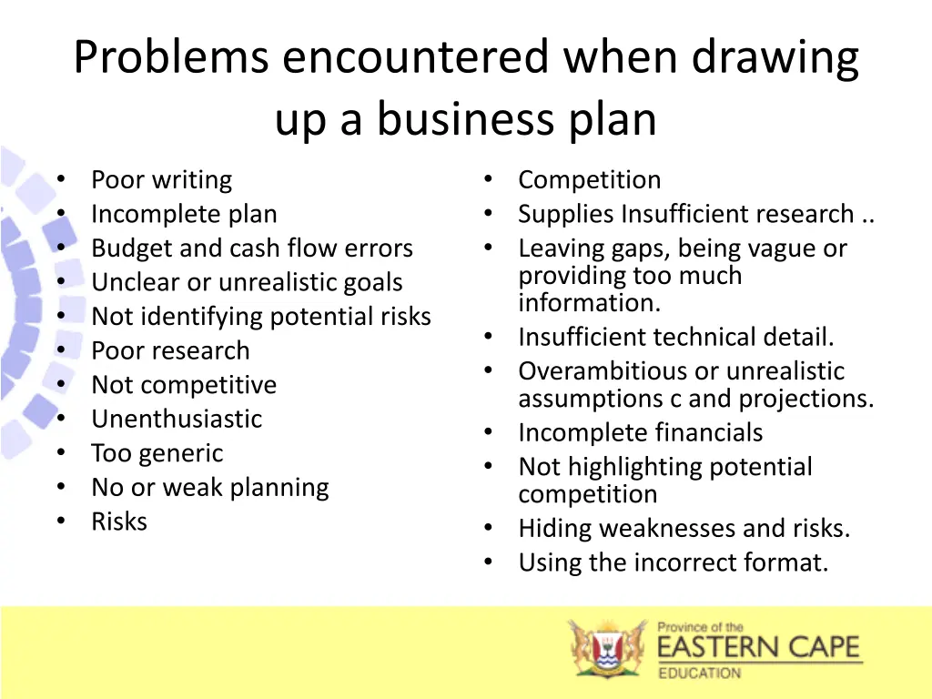 problems encountered when drawing up a business