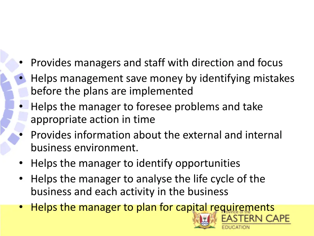 provides managers and staff with direction