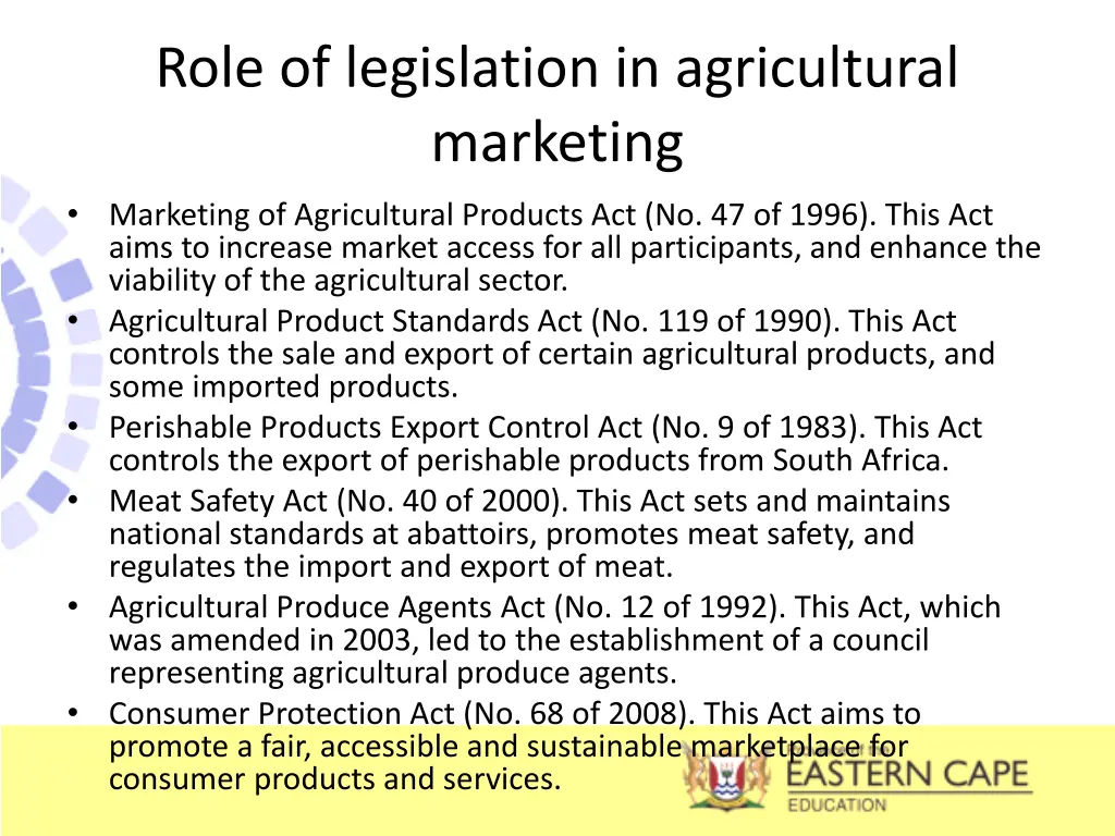 role of legislation in agricultural marketing