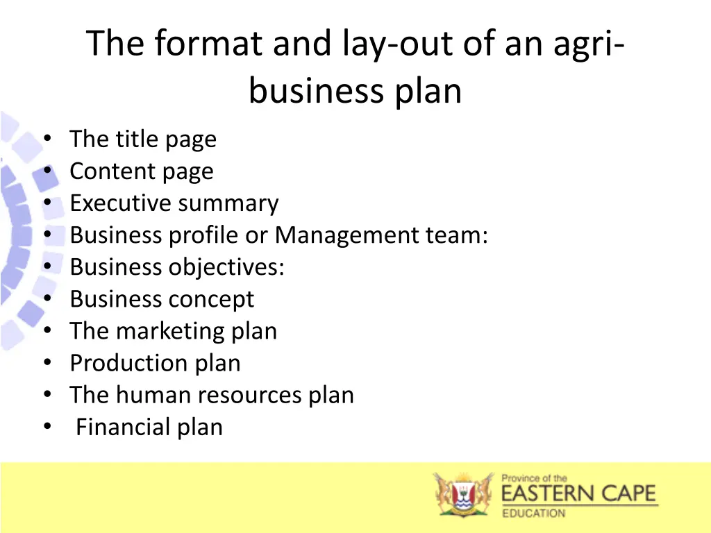 the format and lay out of an agri business plan