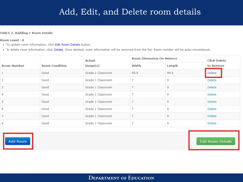 add edit and delete room details