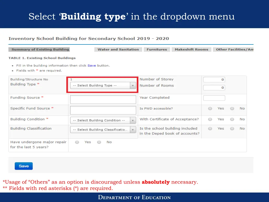 select building type in the dropdown menu