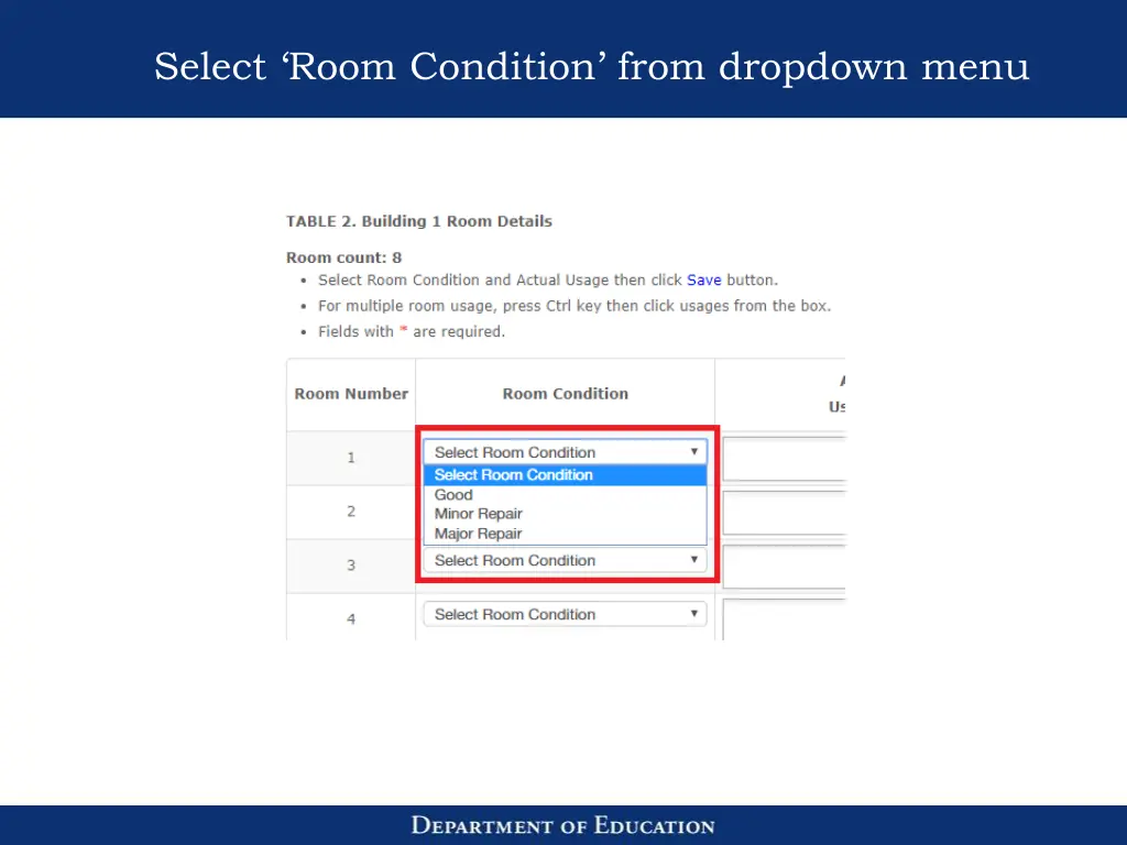 select room condition from dropdown menu