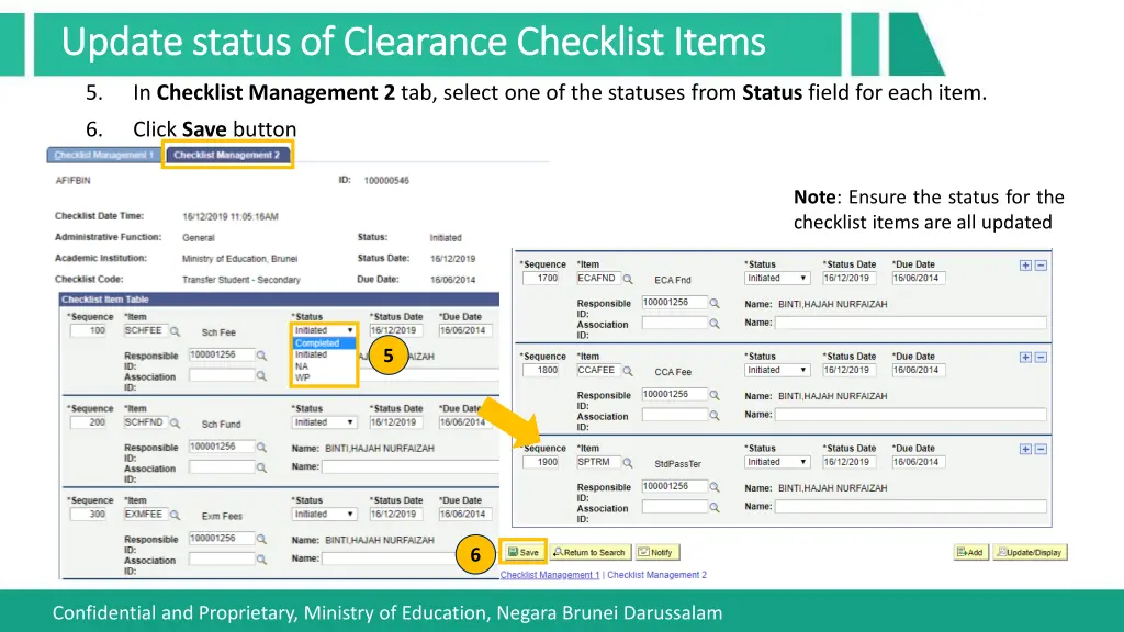 update status of clearance checklist items update 2