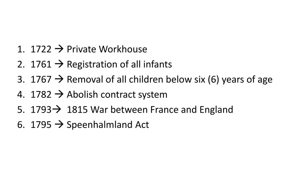 1 1722 private workhouse 2 1761 registration