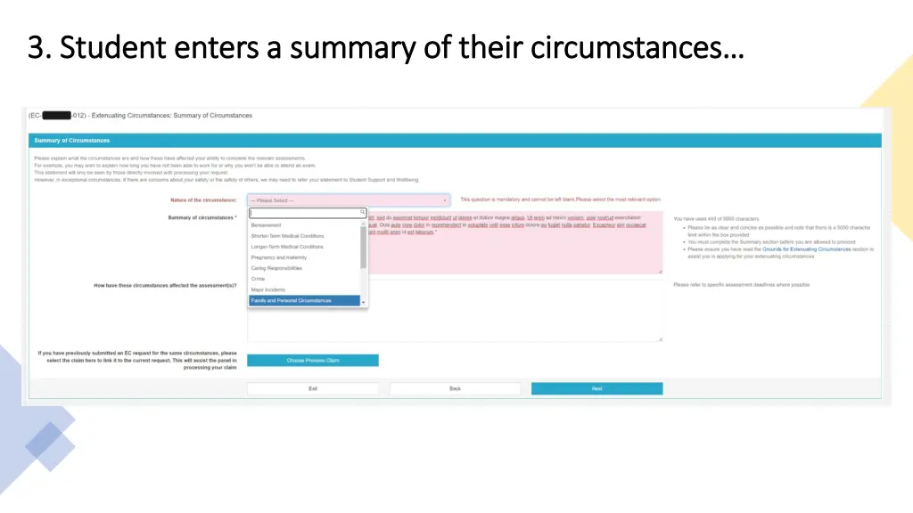 3 student enters a summary of their circumstances