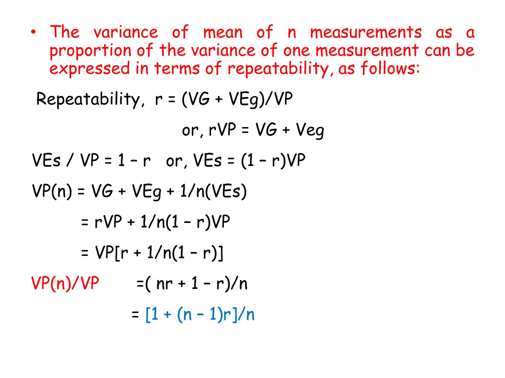 the variance of mean of n measurements