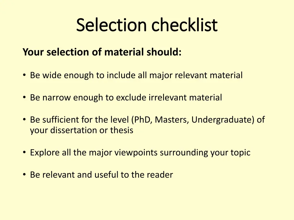 selection checklist selection checklist