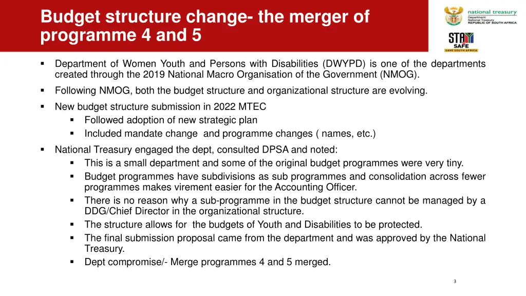 budget structure change the merger of programme