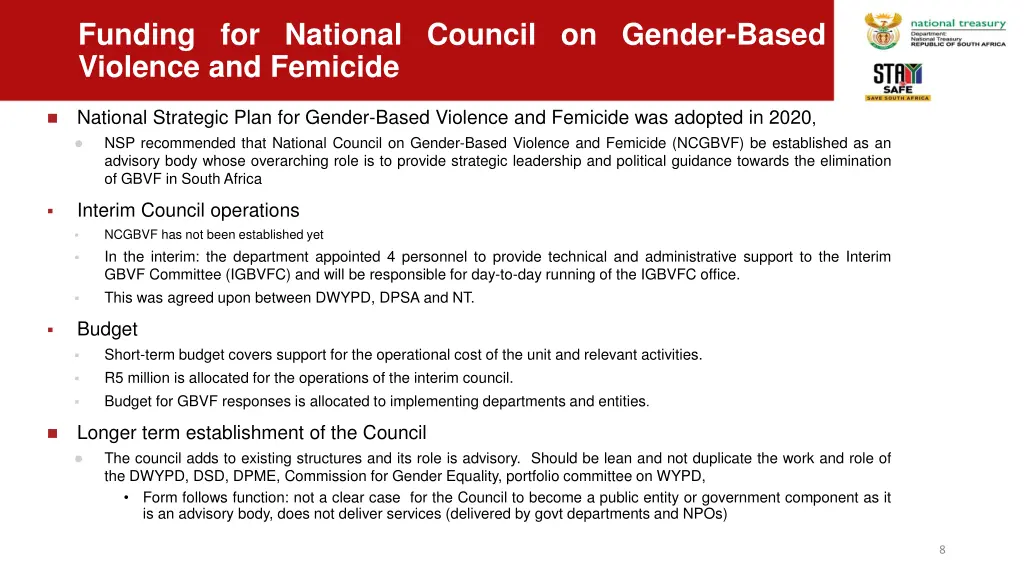 funding for national council on gender based