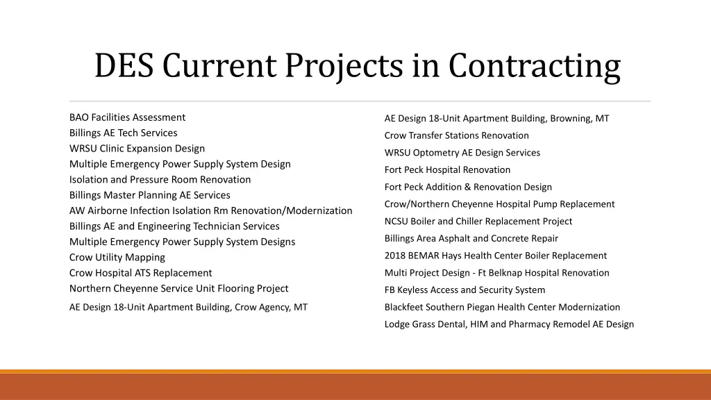 des current projects in contracting