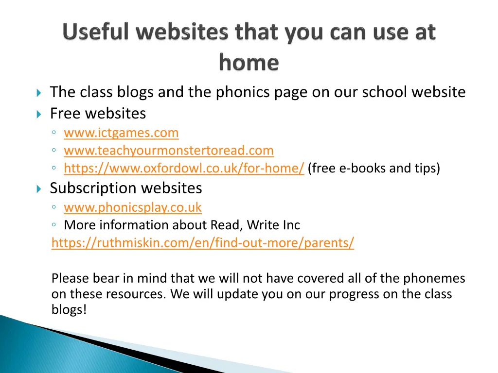 the class blogs and the phonics page