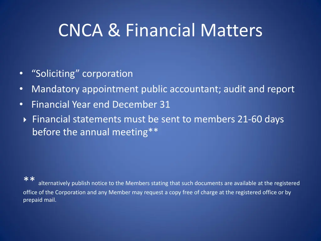 cnca financial matters