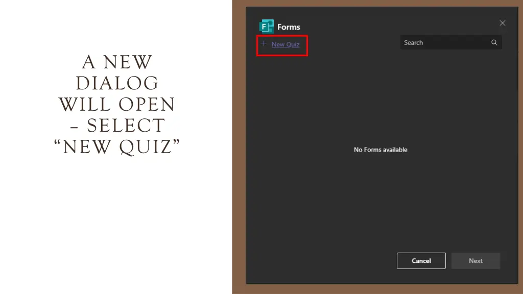 a new dialog will open select new quiz