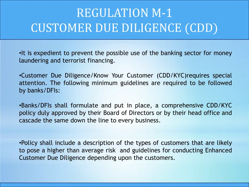 regulation m 1 customer due diligence cdd