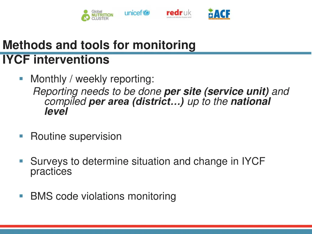 methods and tools for monitoring iycf