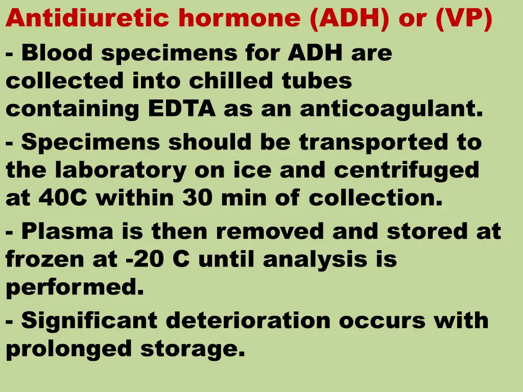 antidiuretic hormone adh or vp blood specimens