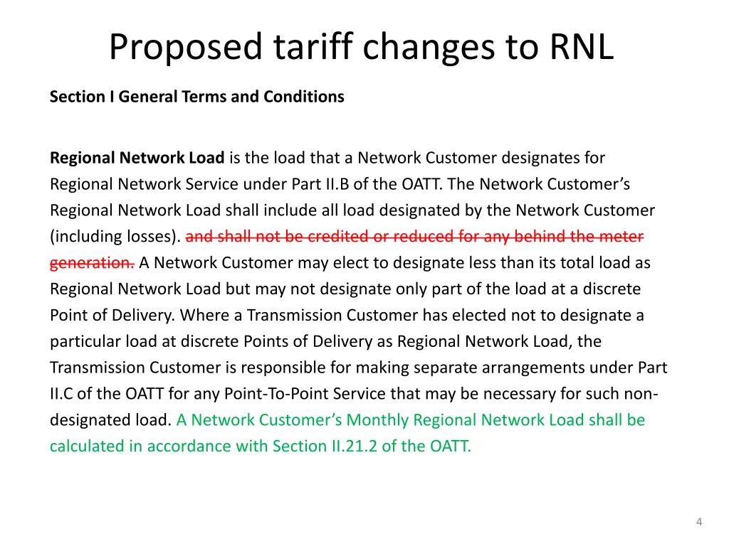 proposed tariff changes to rnl