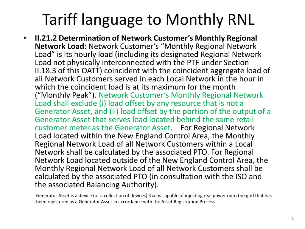 tariff language to monthly rnl