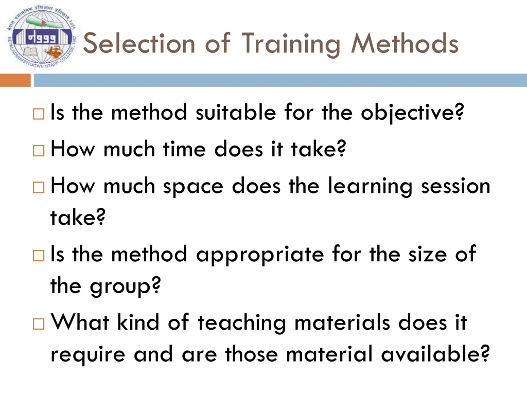 selection of training methods