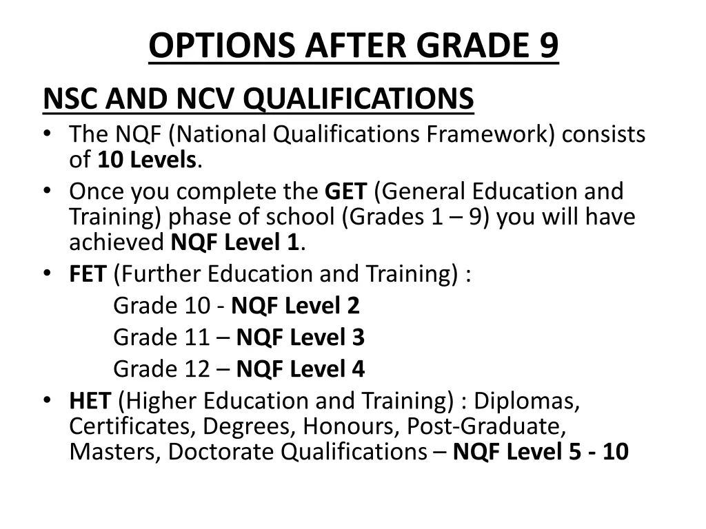 options after grade 9 nsc and ncv qualifications