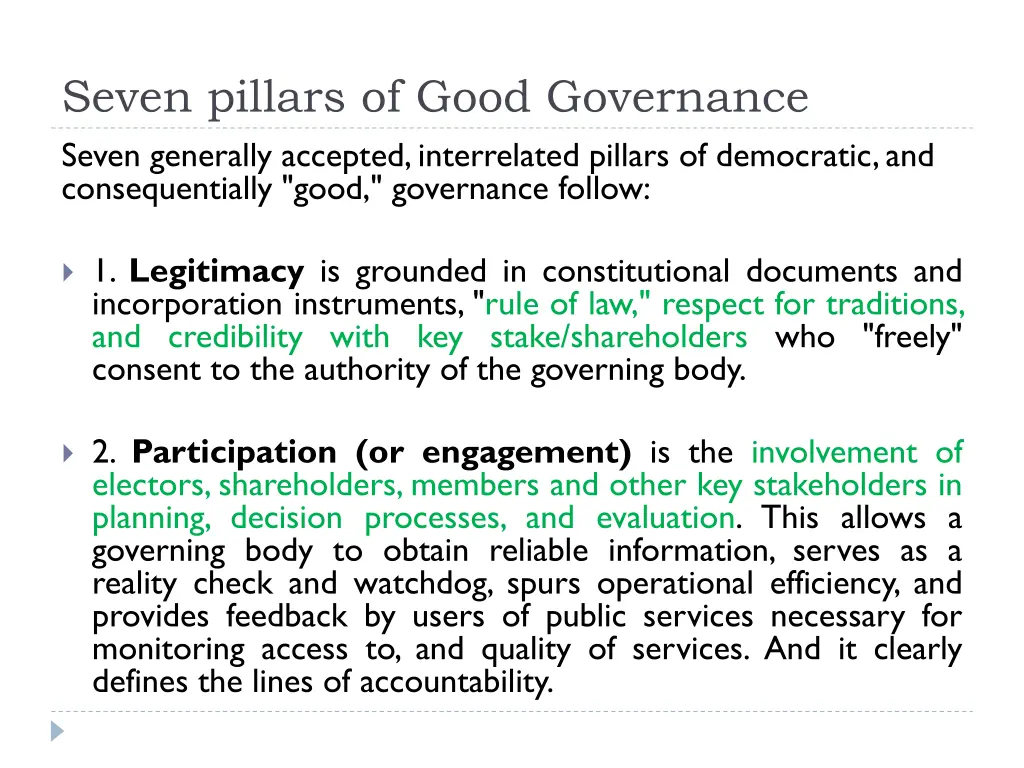 seven pillars of good governance seven generally