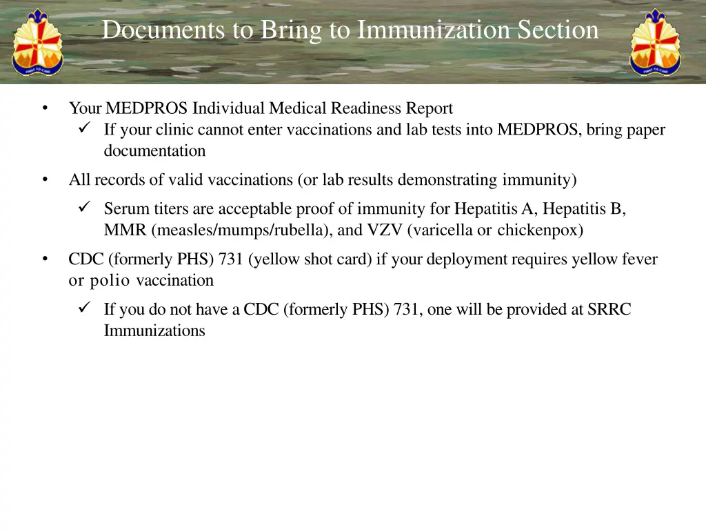 documents to bring to immunization section