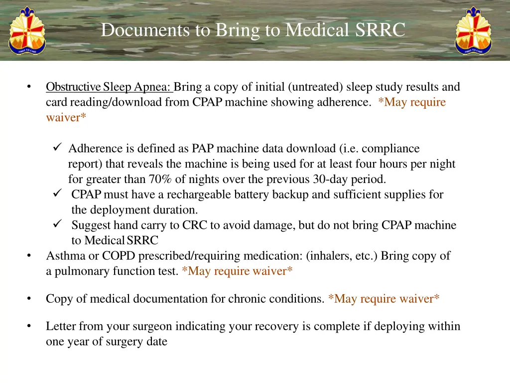 documents to bring to medical srrc 1