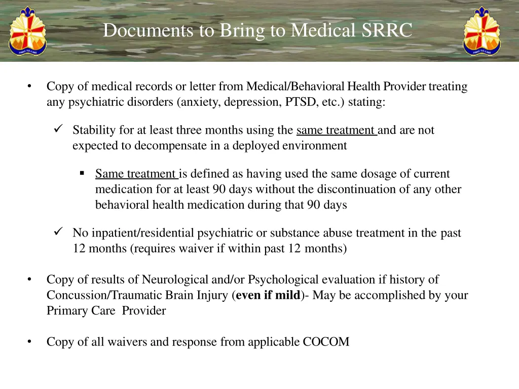 documents to bring to medical srrc 2