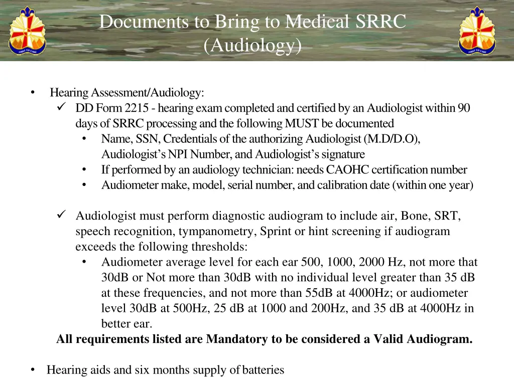 documents to bring to medical srrc audiology