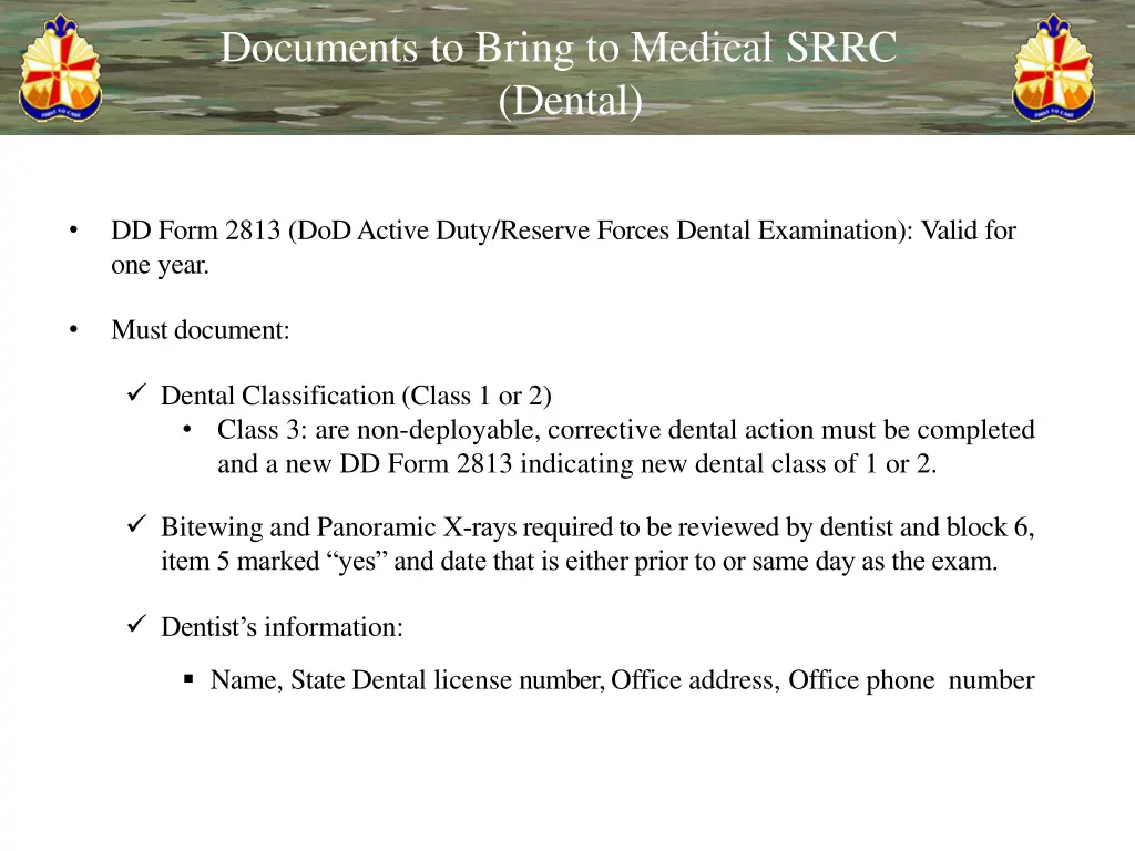 documents to bring to medical srrc dental