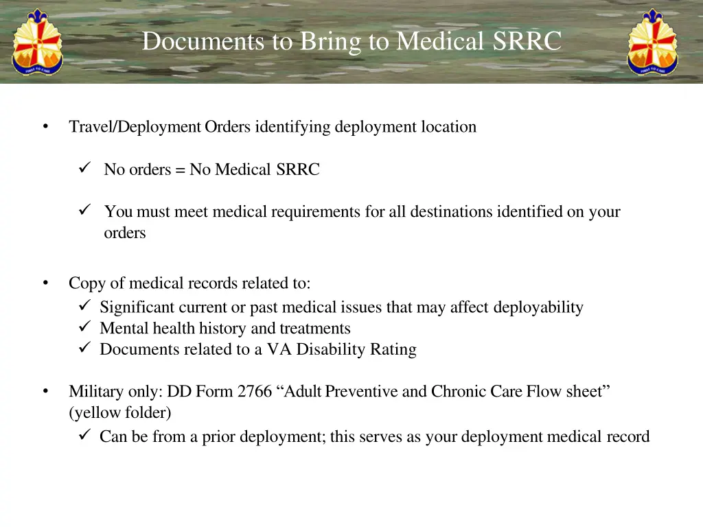 documents to bring to medical srrc