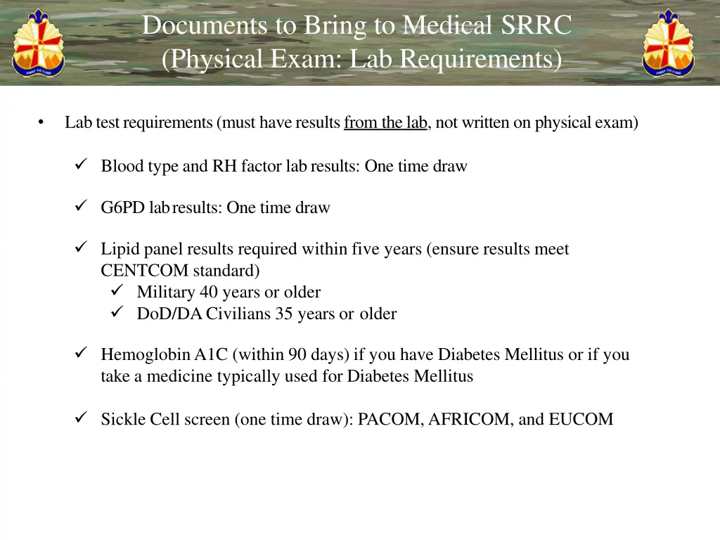 documents to bring to medical srrc physical exam 1