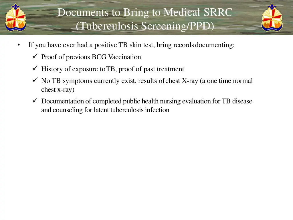 documents to bring to medical srrc tuberculosis