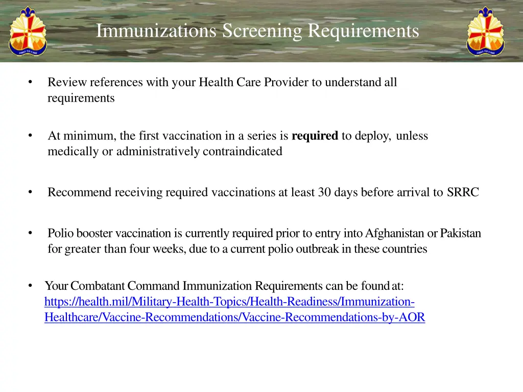 immunizations screening requirements